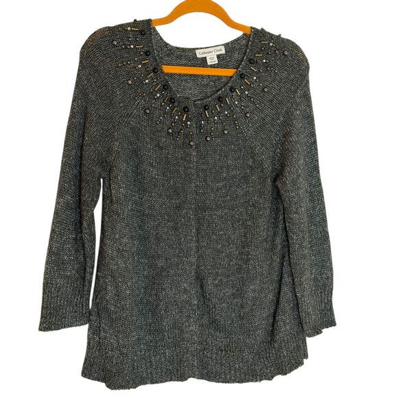 Coldwater Creek Cardigan Sweater Embellished Bead Gray L 14 16 bv - Picture 1 of 8